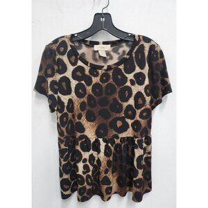 Diane Belle Womens Peplum Animal Print Top Large Brown Stretch Knit Short Sleeve